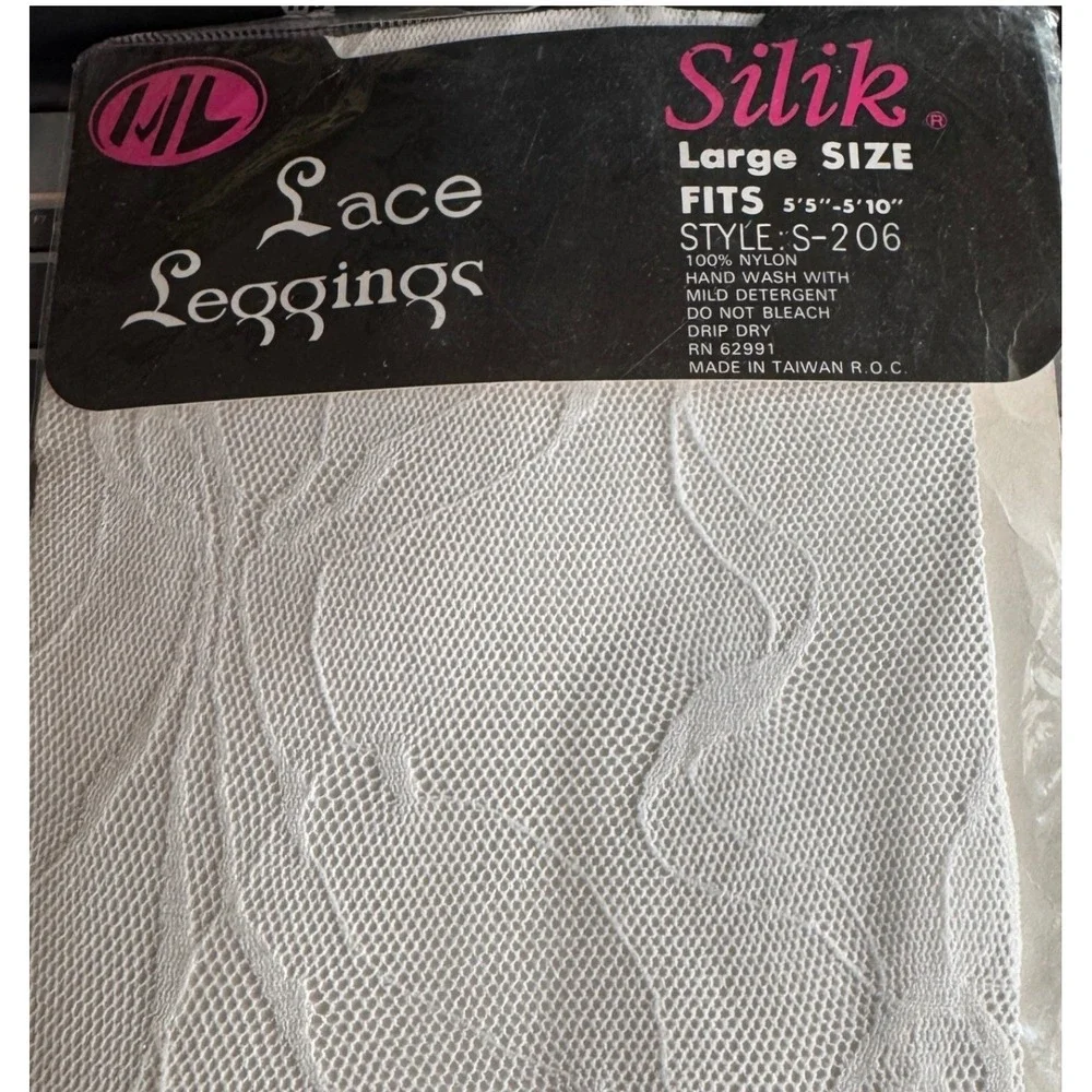 Vintage Silik Womens Lace Footless Tights Large White Floral Mesh Leggings 90s